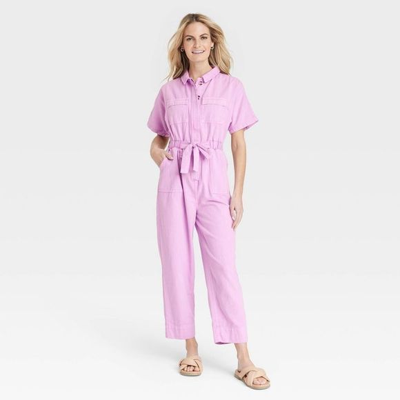 Women's Short Sleeve Button-Front Boilersuit - Universal Thread Pink 0 - Picture 1 of 2